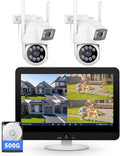 VORGUT Security Camera System Wireless Outdoor with 12" Monitor, 2pcs 2K Dual Lens Cameras for Home & Business Surveillance, 360° PTZ, 2.4G/5G WiFi, Human Detection, Auto Tracking, 16CH NVR, 500G HDD