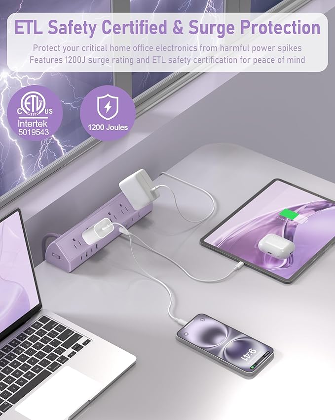 Jgstkcity Desk Clamp Power Strip,65W Fast Charging Station,4 USB-C,4 USB-A,1200J Surge Protector,ETL Listed,1875W Extension Cord,Multiple Outlets for Home, Office (Purple, 6 FT Cable)