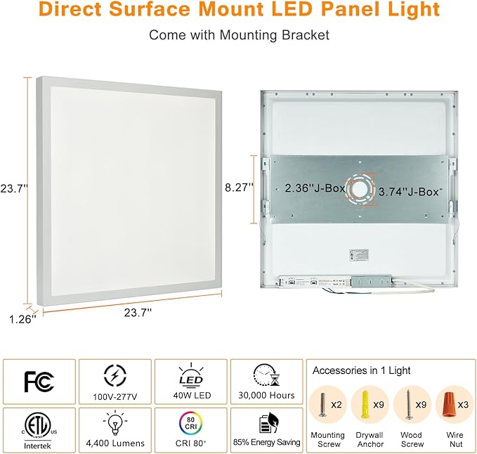 Mcacggo 2x2 LED Flat Panel Light Surface Mount, 40W-30W-20W & 3000K-4000K-5000K Selectable, 0-10V Dimmable, 24 Inch Square Flush Mount Ceiling Fixture for Kitchen, Shop, 100-277V, ETL, 2 Pack