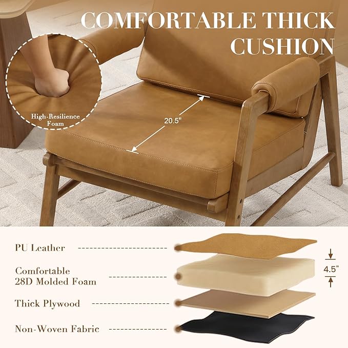HEAH-YO Modern Accent Chair Set of 2, Upholstered PU Leather Living Room Chair with Wooden Frame, Comfy Armchair with Thick Cushion for Bedroom Balcony, Brown