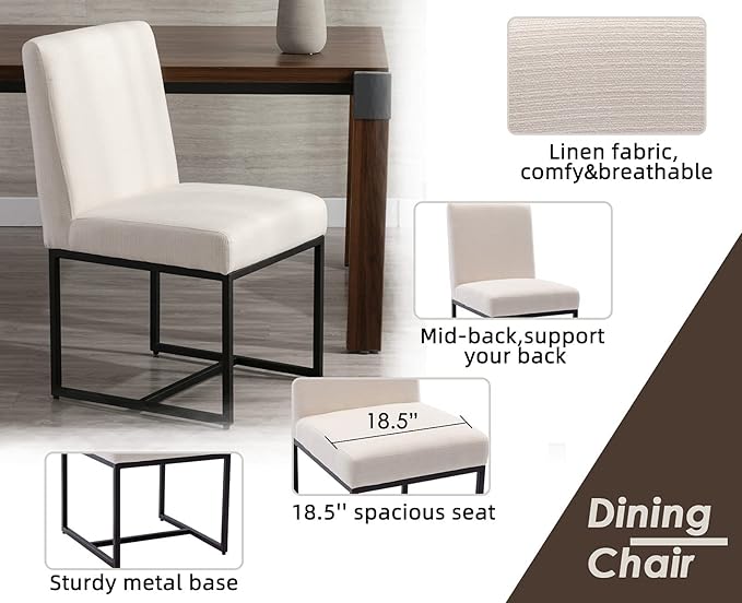 CIMOTA Modern Linen Dining Chair Set of 8, Mid Century Dining Room Chairs Fabric Upholstered Armless Side Chair with Black Sled Base for Dining Room, White Cream 8PCS