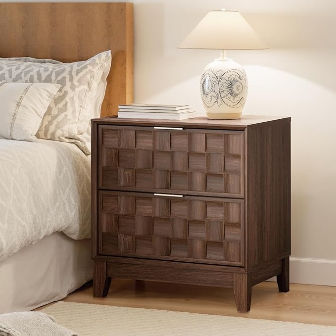 COLAMY Night Stand Set of 2, Nightstand with Charging Station, 22" Modern Bed Side Table with 2 Storage Drawers and Chessboard Relieffor Bedroom, Dorm and Small Spaces - Walnut