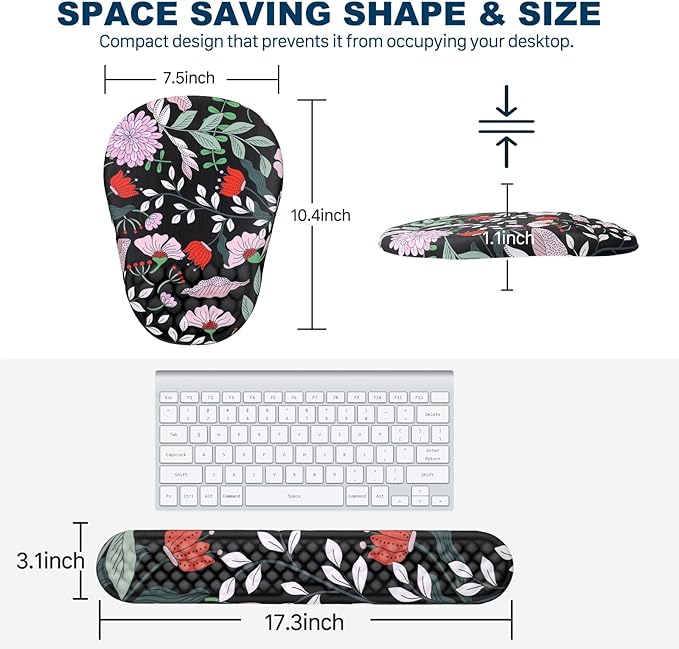 Hasinart Ergonomic Mouse Pad and Keyboard Wrist Rest with Massage Design, Space-Saving Mouse Pad Wrist Support, Memory Foam Wrist Rest with Non-Slip PU Base for Computer Desk, Multiflora