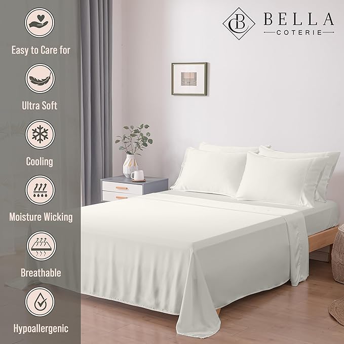 Bella Coterie 6 Piece Luxury Bamboo Viscose Queen Size Sheet Set | 100% Organically Grown | Cooling for Hot Sleepers | 18" Deep Pocket | Soft & Hypoallergenic | 4 Pillowcases [Ivory]