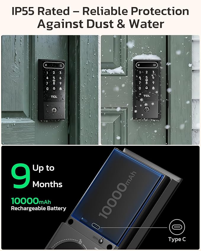 TCL D2 Pro Smart Lock with Palm Vein Recognition, 10000mAh Rechargeable Battery & Wi-Fi, Keyless Entry Door Lock, IP55 Weatherproof, Built-in Doorbell, Auto Lock, Compatible with Alexa, Black