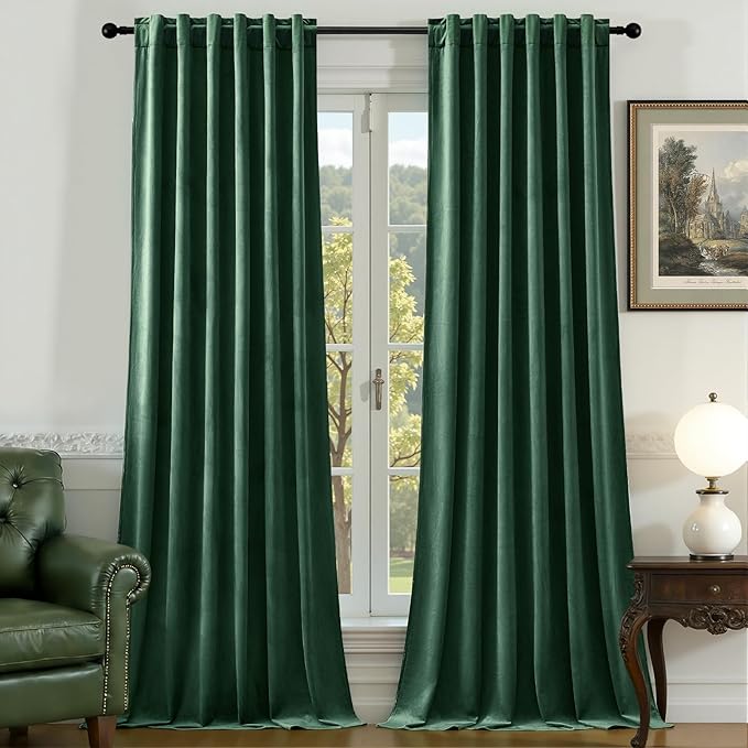Green Velvet Curtains 84 Inches for Living Room, Elegant Thermal Insulated Luxury Drapes Room Darkening Heavy Blackout Curtains for Bedroom, Back Tab Rod Pocket, Dark Green, W52 x L84, 2 Panels