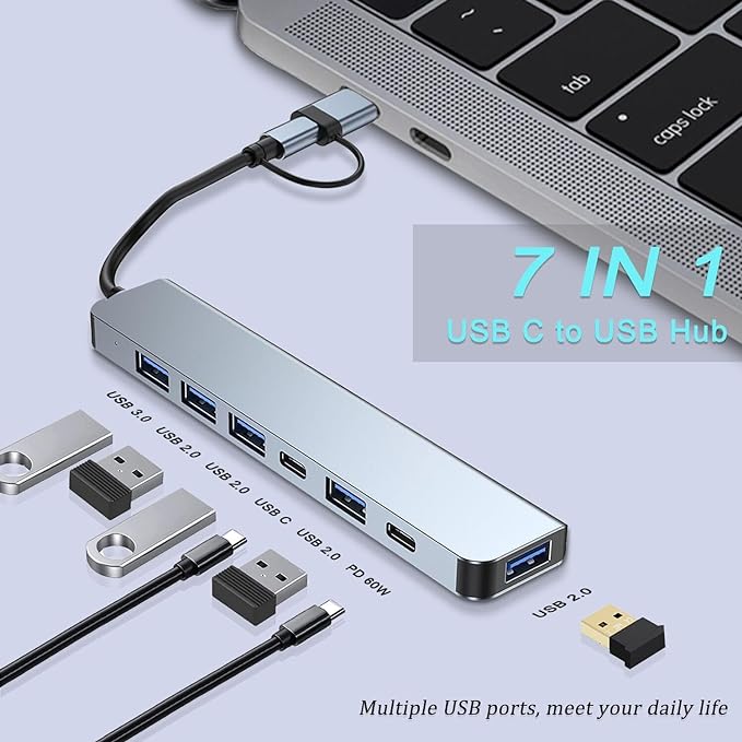 VIENON Aluminum USB C & USB Hub 7-in-1 with USB 3.0, USB-C Ports for PC/Laptops/MacBook Pro/Air/iMac/iPad and More Devices