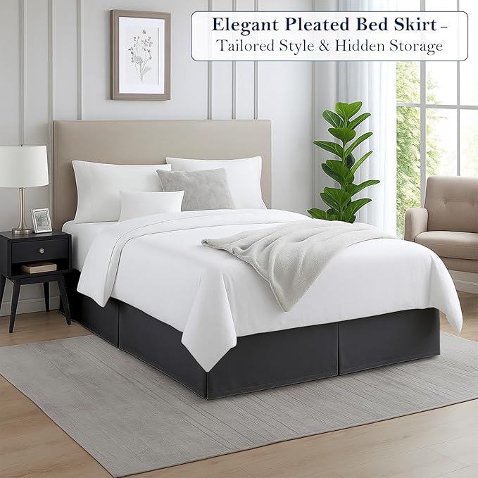 Full Bed Skirt, Luxury 14 Inch Drop Dark Grey Pleated Bed Skirt, Double Brushed Microfiber, Box Pleat Design, Wrinkle & Fade Resistant, Easy Fit Tailored Bedskirt for Full Size Beds