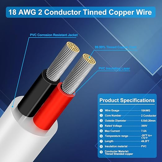 18 Gauge 2 Conductor Electrical Wire, 49.2FT Low Voltage 18/2 Tinned Copper Stranded 2 Wire Cable, 18 AWG White Flexible Extension Power Cord for Automotive, LED Lamp, Outdoor Landscape Lighting Etc