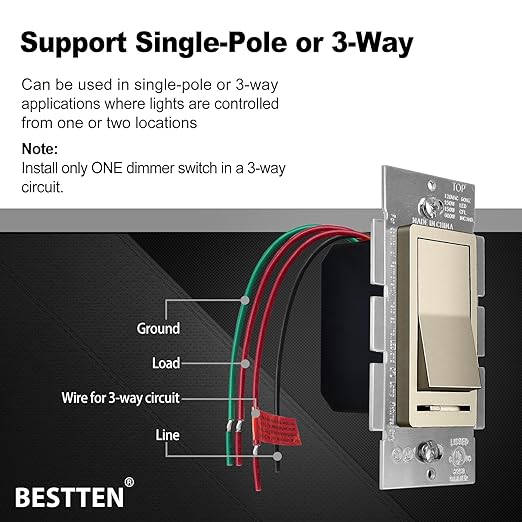 BESTTEN 5 Pack Matte Champagne Gold Dimmer Light Switch, Single Pole or 3-Way, Compatible with Dimmable LED, CFL, Incandescent and Halogen Bulb, 120VAC, Signature Collection, UL Listed