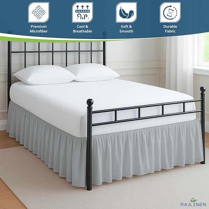 Rajlinen Ruffled Bed Skirt King, 24 Inch Drop Dust Ruffle with Split Corners, 100% Microfiber Bedskirt with Platform, Three-Sided Coverage Ruffled Gathering Design, Light Grey