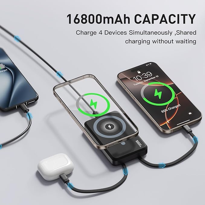 2026 Magnetic Wireless Power Bank, 16800mAh Portable Charger with 2 Built in Cables, LED Display Magnetic Battery Pack Travel Essentials for iPhone 17/16/15/14/13/12/Pro/Mini/Pro Max Andriod-White