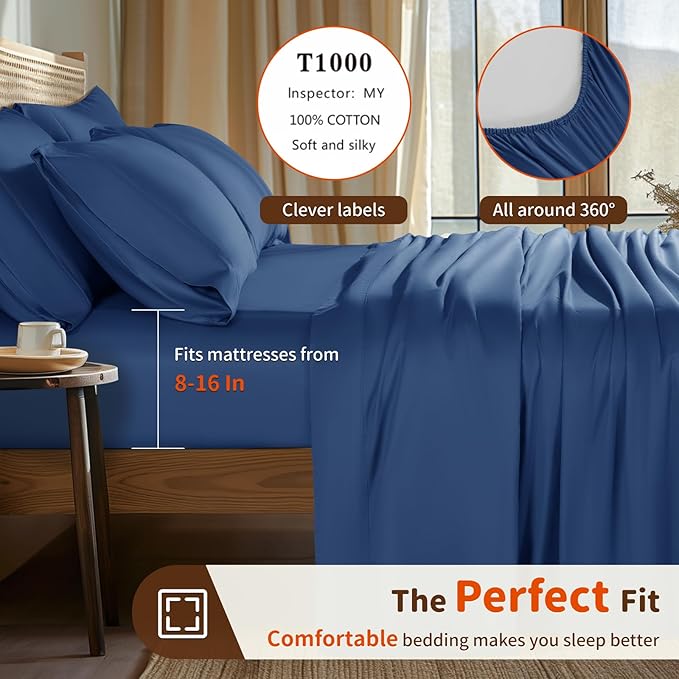 LBRO2M 1000 Thread Count 100% Egyptian Cotton Sheets Set 6 Piece Sets King Bed Sheet Deep Pocket Sheet Set 16" Soft Comfortable All Season (King, Navy Blue)