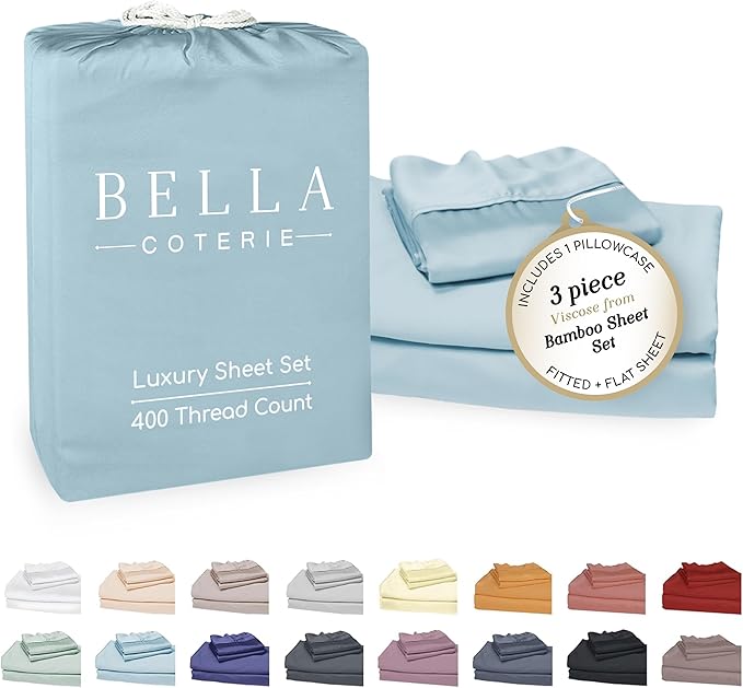 Bella Coterie Luxury Bamboo Viscose Twin XL Size Sheet Set | 100% Organically Grown | Ultra Soft | Cooling for Hot Sleepers | 18" Deep Pocket [Coastal Blue]