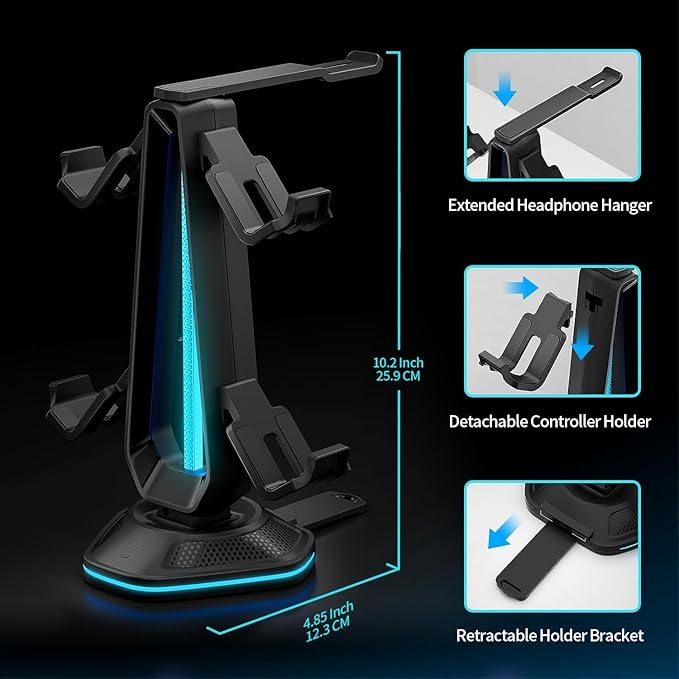 Oritikur RGB Headset Stand with 9 Light Modes and 2 USB Charging Ports - Controller Holder for Desk - Headphone Stand & Detachable Controller Hook for PC Earphone Gaming Room Setup Accessories