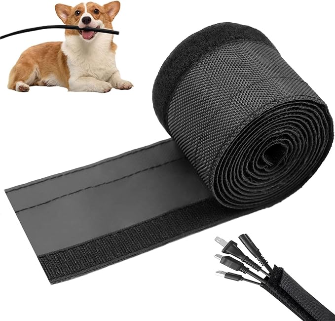 Flauzmann 1/2" - 6.6FT Chew Proof Cat Cord Protector（Hook & Loop Split Sleeve for Pets - Cat/Dog Proof Cable Management Sleeve for Office USB Computer Audio Cables, Flexible Wire Cover - Black