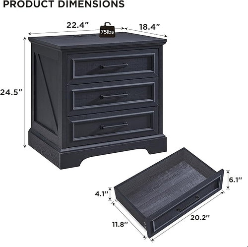ACCOHOHO Farmhouse Nightstand with Charging Station, 22 Inch Wide End Table with 3 Large Drawers & Bar Handles, Rustic Wood Small Dresser Chest of Drawers for Bedroom, Living Room, Closet, Black