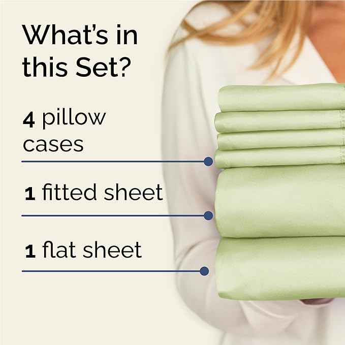 Full 6 Piece Sheet Set - Cooling, Comfy & Breathable - Hotel Luxury Bedding, Includes Fitted Sheet for Women, Men, Kids & Teens - 1 Flat, 1 Fitted Sheet, 4 Pillowcases with Deep Pockets - Light Sage