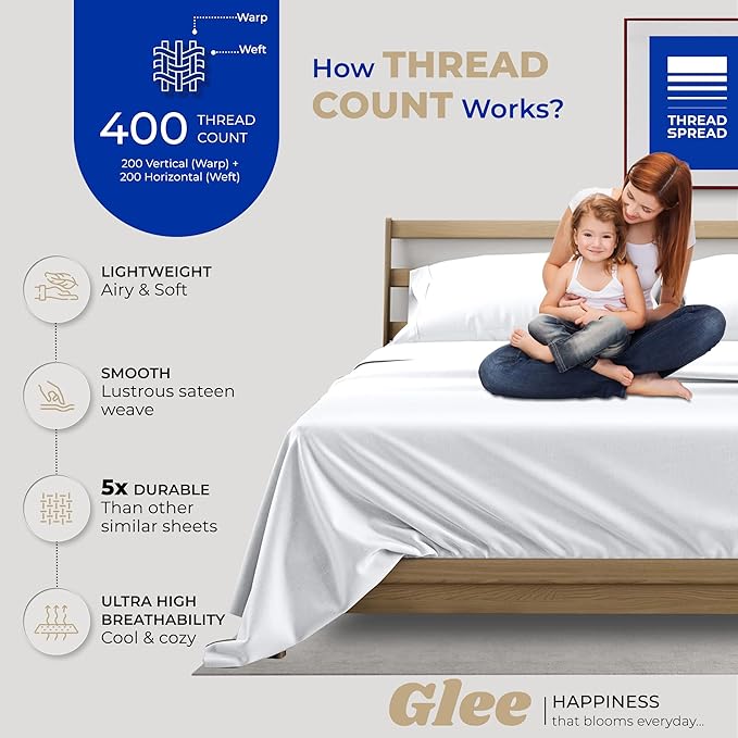 THREAD SPREAD California King Sheets Set - 400 Thread Count 100% Cotton Sheets California King, 4 PC Cal King Sheets Set, Extra Soft, Cooling Bed Sheets, Deep Pocket California King Sheet Set (White)