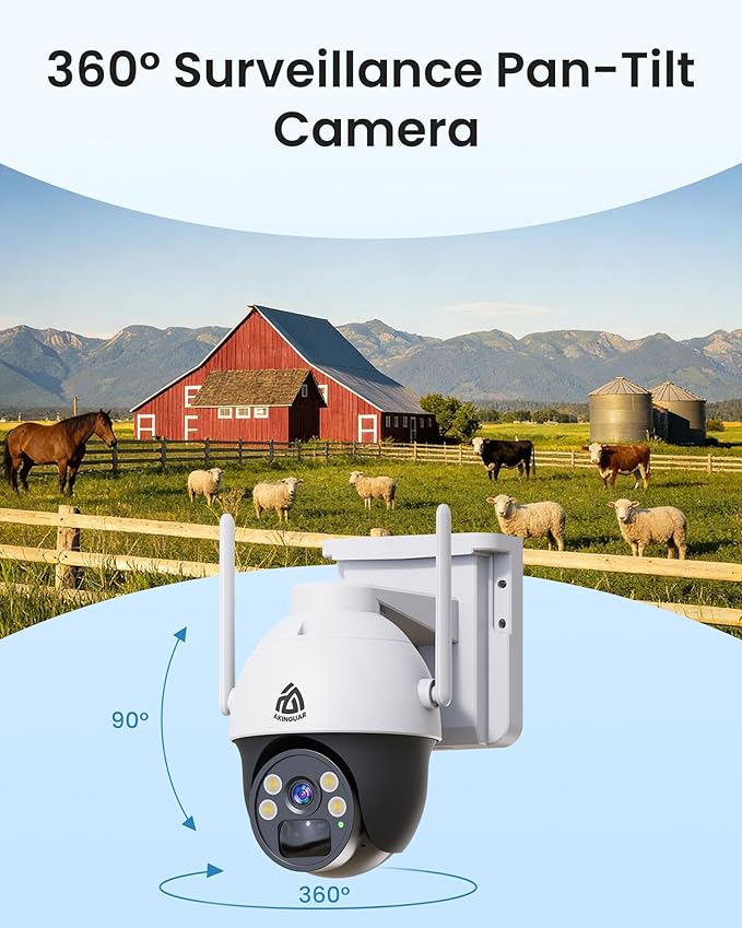 AKINGUAR No WiFi Security Camera with 4G LTE SIM Card, Wireless Outdoor Cellular Security Camera, 2K Color Night Vision, Solar Powered, 360° Live View, PIR Motion Sensor, Pecfect for Farm & RV