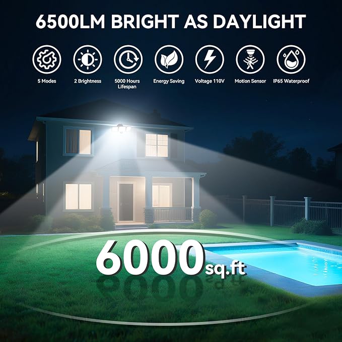 PURICH LED Security Lights Motion Sensor Outdoor Lights, 5000K Daylight, IP65 Waterproof, Dusk to Dawn, 3-Head Motion Detected Flood Light for Garage, Yard, Porch, 2Pack