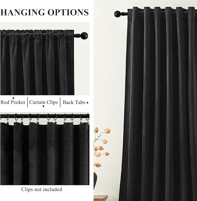 AUSSPVOCT Black Velvet Blackout Curtains 84 Inches for Bedroom, Room Darkening Drapes Super Soft Elegant Thermal Insulated Soundproof Curtain for Living Room, Back Tab Rod Pocket, W52 x L84, 2 Panels