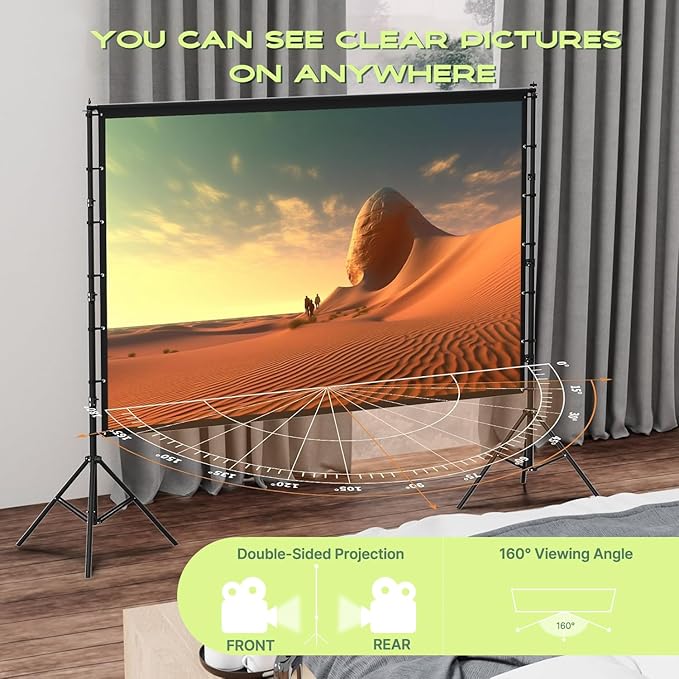 AAJK 150in Projector Screen with Stand, Portable 16:9 4K HD Indoor Outdoor Projection Screen with Wrinkle-Free Design, Ideal for Home Theater and Backyard Cinema – Includes Carry Bag