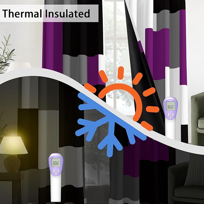 Purple 100% Blackout Curtains 45 inch Length 2 Panels Set White Grey Modern Abstract Geometric Drapes for Kitchen Black Out Curtains Insulated Room Darkening Small Window Curtains, 42Wx45L