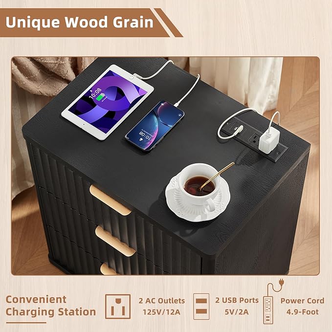 LEYAOYAO Fluted Dresser and 3 Drawers Nightstand Set of 2, Wood 48" Wide Dresser & 23" Night Stand with Charging Station, 3 Piece Bedroom Furniture Set, Chest of Drawers for Home,Living Room,Black