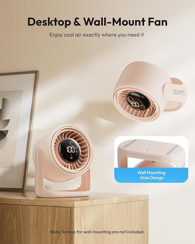 Gaiatop Desk Fan with Touch Control, 4000mAh Battery, 5 Speeds Ultra Quiet Bedroom Fan with LED Display, 90° Tilt, 7.7 Inch USB-C Rechargeable Desktop Fan for Dorm Office Room Home Office, Pink