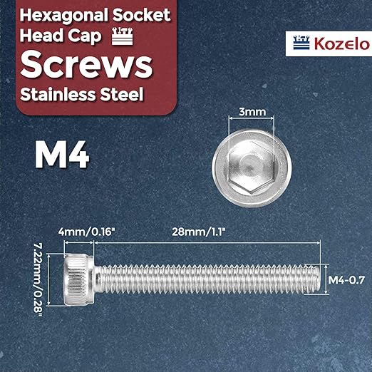 Kozelo 30pcs Socket Head Cap Screws - [M4-0.7 x 28mm] 304 Stainless Steel Allen Socket Drive for Electrical Motor 3D Printing Fan Engine Replacement Use, Silver