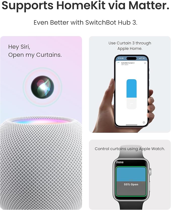 SwitchBot 2025 Automatic Curtain Opener 3 Rod-Bluetooth Remote Control, WiFi&Smartphone Control, Upgraded High-Performance, Add Hub to Work with Alexa, Google Home, HomeKit
