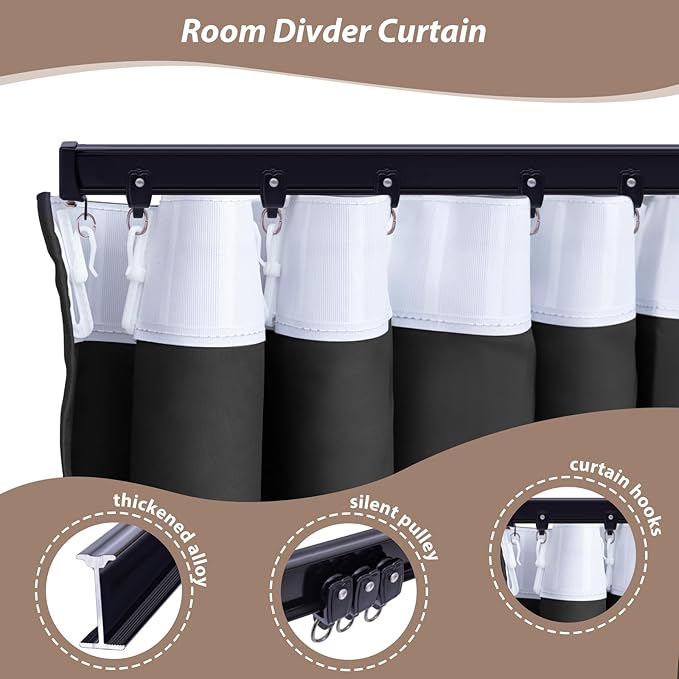 Room Divider Curtains with Ceiling Curtain Track Set Window Curtain for Bedroom,Living Room Total Blackout Thermal Insulated Privacy Ceiling Track Curtain W 12 × H 8 FT Azure Blue drape&Black track