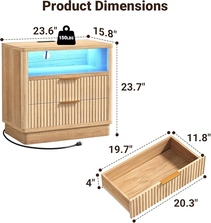 ELYKEN Wood Fluted Nightstand with Charging Station & LED Light, 24" Wide Night Stand for Bedroom, LED 2 Drawer Bedside Table with Power Outlet