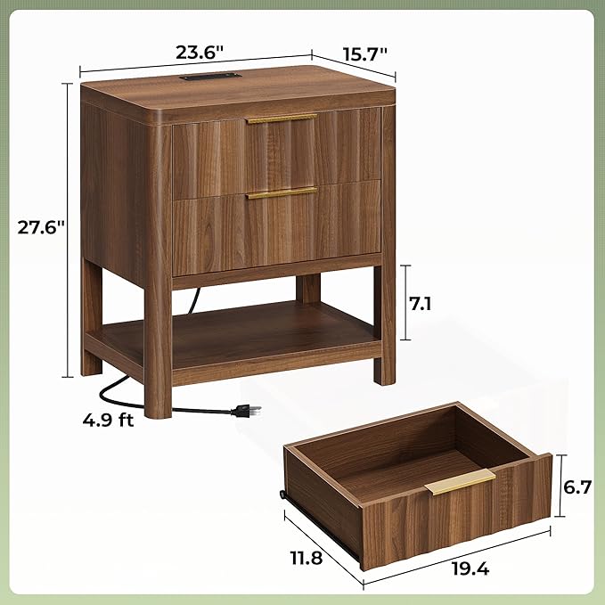 Huuger 27.6 Inch Tall Night Stands with Charger Station, USB-C Port, Fluted Nightstand Set of 2, Larger Wider Bed Side Table with 2 Deep Drawers, Open Shelf, Bedroom Living Room End Table, Walnut