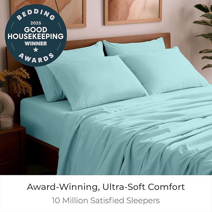 Mellanni Full Sheet Set - 6-Piece Iconic Collection Bedding, (Including 4 Pillowcases), 16-Inch Deep Pocket, Easy Care, Extra Soft, Cooling Sheets, Brushed Microfiber - Aqua