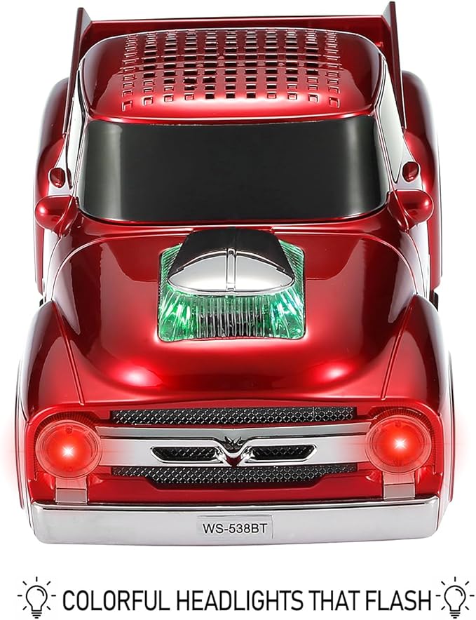 WSTER WS-538 Retro Pickup Truck Bluetooth Replica Speaker – Portable Wireless Car Model Speaker with FM, TWS, LED Party Lights, USB/TF Playback, Built-in Microphone, Type-C, Surprise Gift(Red)