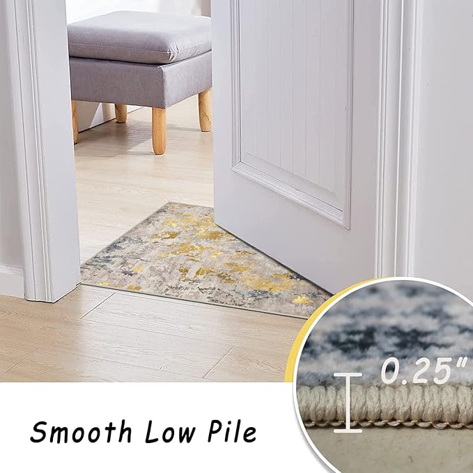 vivorug 5x7 Area Rugs - Ultra-Thin Washable Rug with Non-Slip Backing, Ideal for Living Room, Bedroom, Kitchen Floor Carpet - Modern Abstract, Easy Clean, Durable, Low Pile Grey/Mustard
