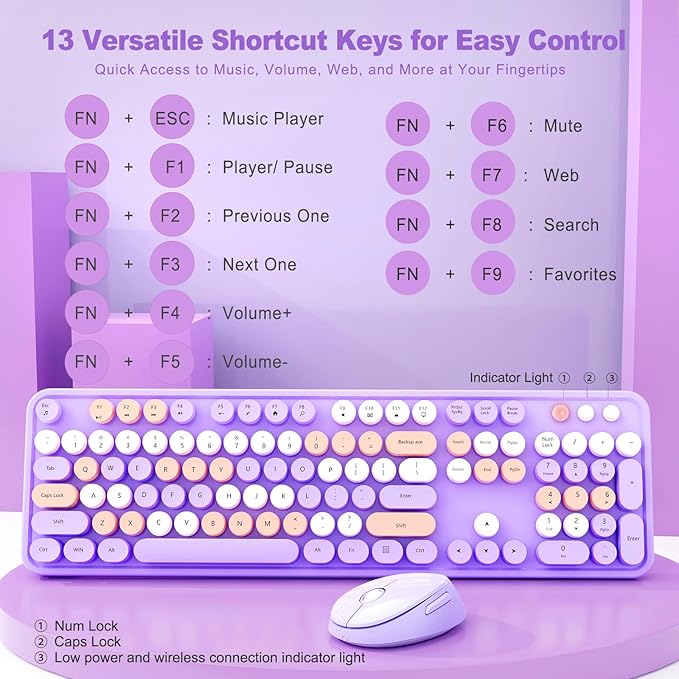 Nowlike Wireless Keyboard and Mouse Combo, Retro Typewriter Keyboard with Round Keycaps, Full-Size Ergonomic, Purple, Ideal for Windows PC, Home, Office, and College