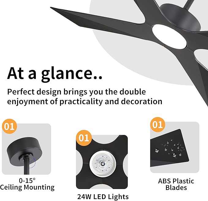 WINGBO 54" Wet Rated Outdoor Ceiling Fan with Lights, 4 ABS Plastic Blades, Reversible DC Motor, 6-Speed Remote Control, 3 CCT, Waterproof Ceiling Fan for Patio Porch Gazebo Garage, Matte Black