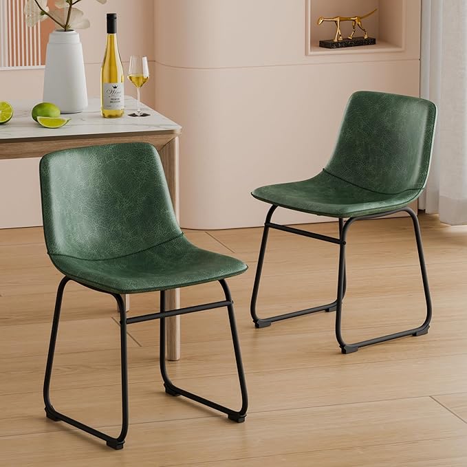 Dining Chairs Set of 8, 18 Inch Modern Armless Dining Chair with Back, Faux Leather Kitchen Dining Room Chair with Metal Legs for Home, Bistro Coffee Shops (Green)