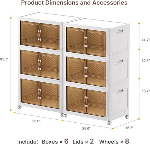 720Qt Stackable Storage Bins with Lids, 6 Pack Large Collapsible Bins with Wheels, Plastic Cabinet with Doors, Foldable Closet Organizers and Storage for Home, Dorm, Office, White