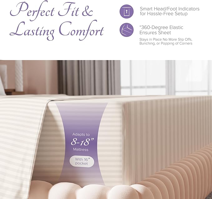 Carressa Linen Luxury Egyptian Cotton Queen Stripe Sheet Set, 600 Thread Count Extra Long Staple 4 PC Set, Queen Damask Sheets, Soft, Cooling Sateen Weave Sheets Upto 18" Deep Pocket - Ivory