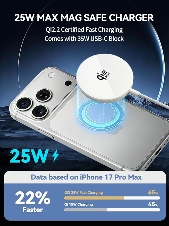 Qi2.2 25W Mag Safe Charger,10FT iPhone 17 Magnetic Wireless Fast Charger Wireless Mag Safe Fast Charging Pad with 35W USB C Power Adapter for iPhone Air 17 16 15 14 13 12 Pro Max Plus,AirPods Pro 2/3