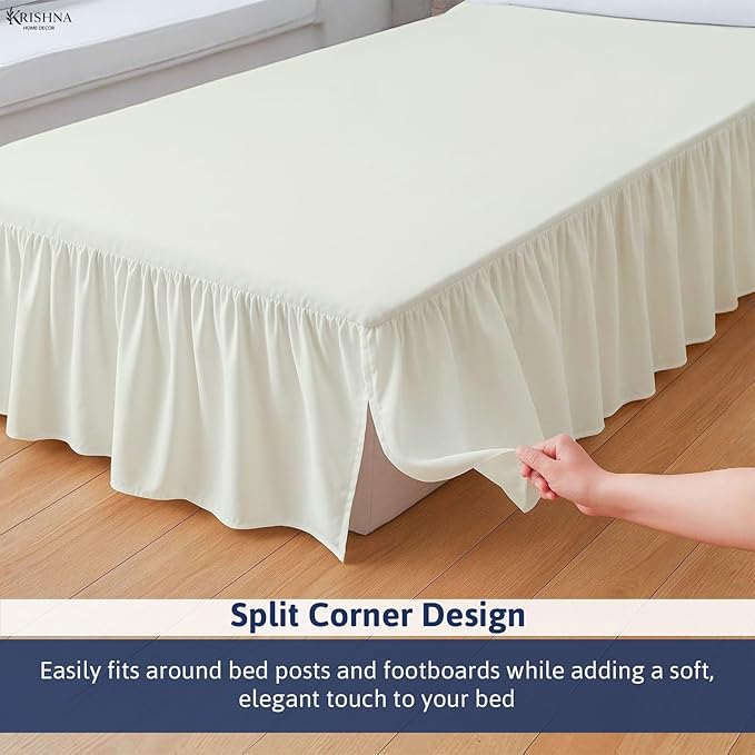 KRISHNA Ruffled Bed Skirt with Split Corners Queen, 100% Microfiber Hotel Quality, 12 Inch Drop Dust Ruffle Gathered Bedskirt with Platform, 60" x 80", Ivory