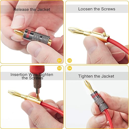 WGGE WG-029 Banana Plugs Audio Jack Connector, 24k Gold Dual Screw Lock Speaker Connector for Speaker Wire, Wall Plate, Home Theater, Audio/Video Receiver, and Sound Systems ((6 Pairs (12 Plugs)))