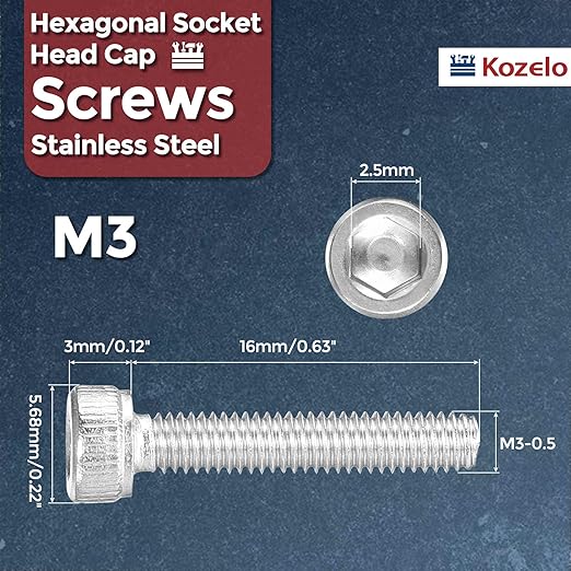 Kozelo 50pcs Socket Head Cap Screws - [M3-0.5 x 16mm] 304 Stainless Steel Allen Socket Drive for Electrical Motor 3D Printing Fan Engine Replacement Use, Silver