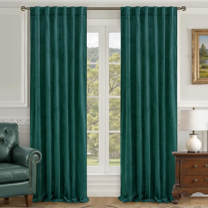 LAMIT Teal Velvet Curtains 108 Inch for Living Room, Luxury Thermal Insulated Room Darkening Panels Soundproof Back Tab and Rod Pocket Christmas Drapes for Bedroom/Hotel Hall, 2 Panels, 52 x 108 Inch