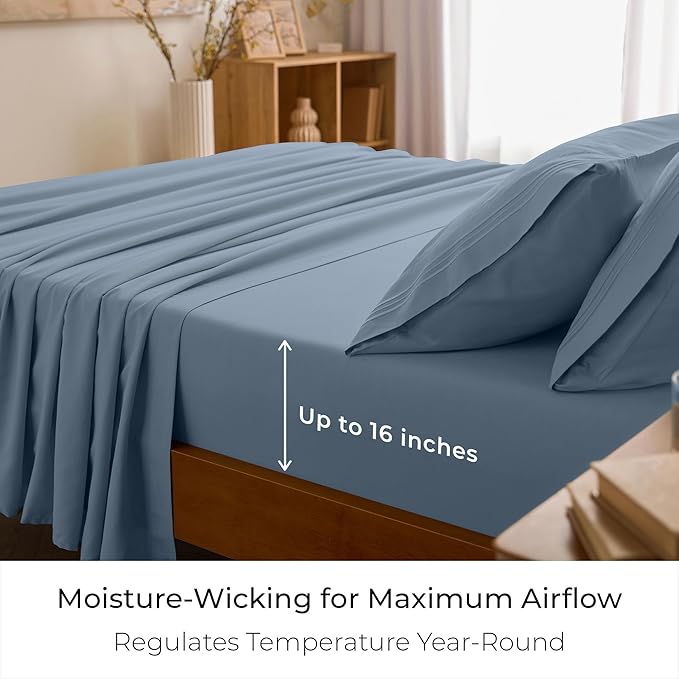 Mellanni Split King Sheet Set - 7-Piece Iconic Collection Bedding, (Including 4 Pillowcases), 16-Inch Deep Pocket, Easy Care, Extra Soft, Cooling Sheets, Brushed Microfiber - Blue Hydrangea