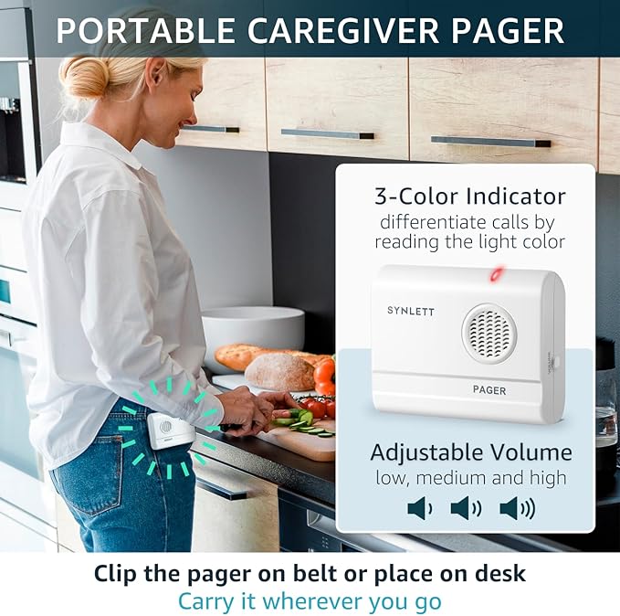 SYNLETT Bed Alarm Caregiver Pager with 2 Wireless Motion Sensors Alarm Indoor Fall Prevention for Elderly Monitoring Seniors Dementia Patients Seniors Home Door Chime